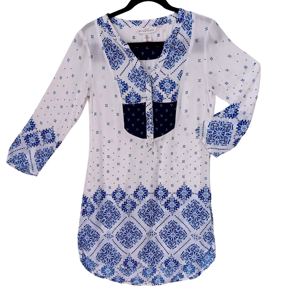 H&M Women's White Blue Midi Shirtdress Sz 4‎ V-Neck 3/4 Sleeve  Casual